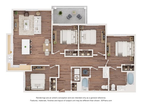 A 3D floor plan of a house with a kitchen, living room, and bathrooms.